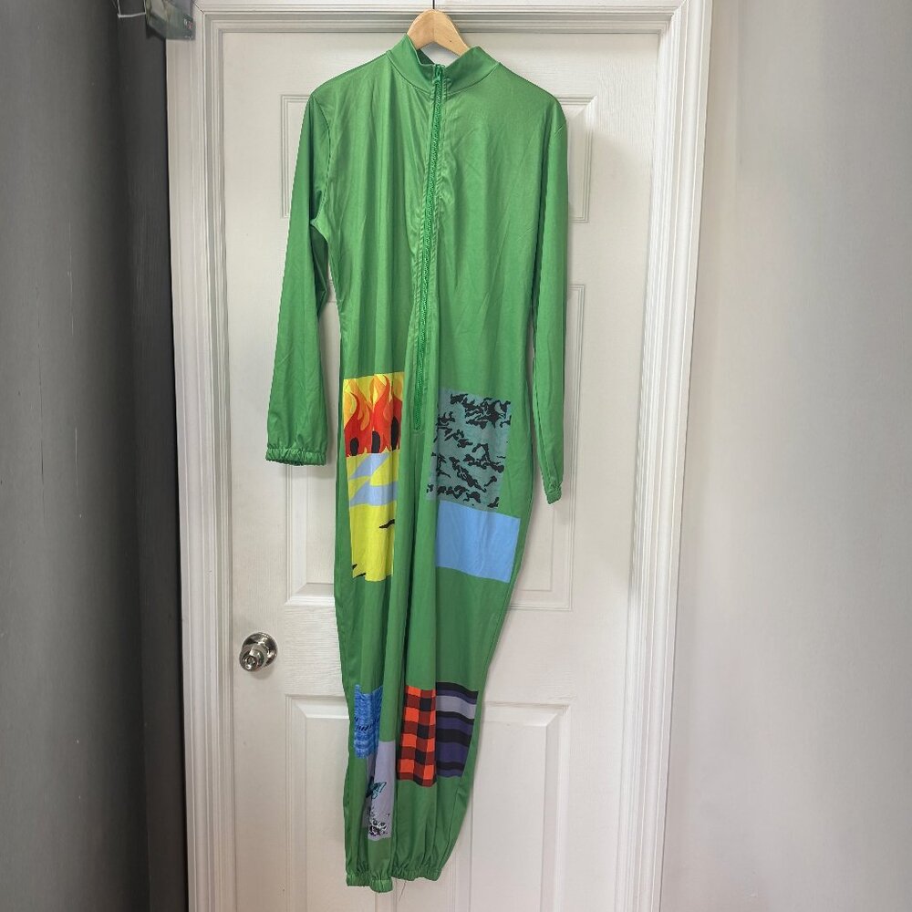 Green Graphic Patchwork Screen Print Zip Unitard … - image 1